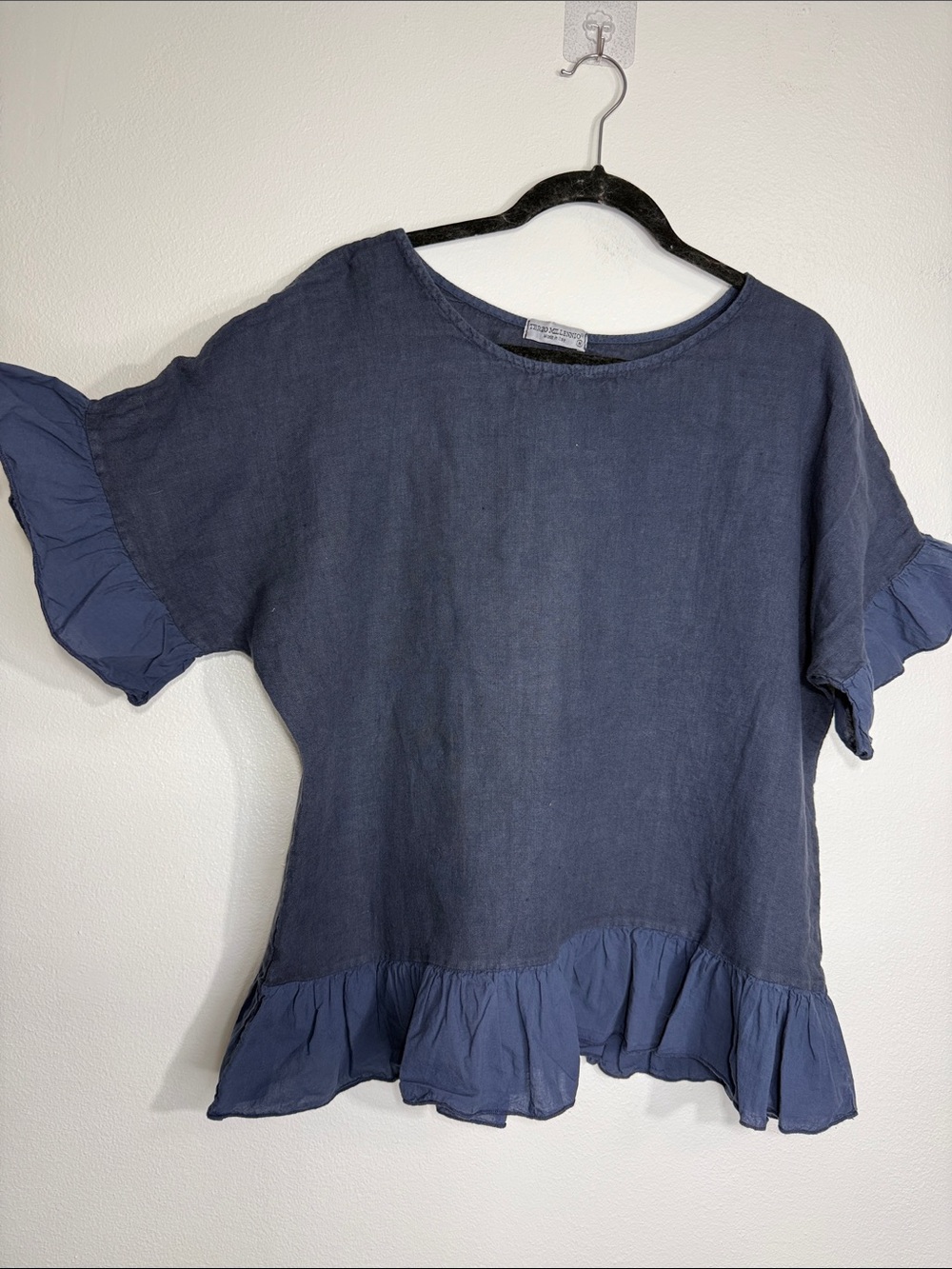 Terazo Millennio Italy Navy Blue Linen Ruffle Hem Blouse Women’s Medium